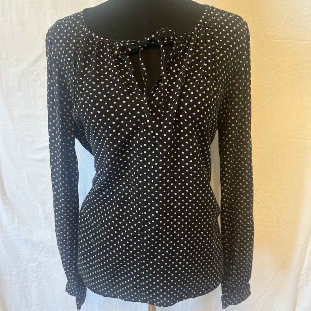 GAP Star Print Tie Neck Blouse‎ Black & White Long Sleeve Top Medium